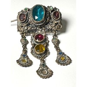 Antique Signed Czech Crystals Gold Tone Filigree Dangle Brooch